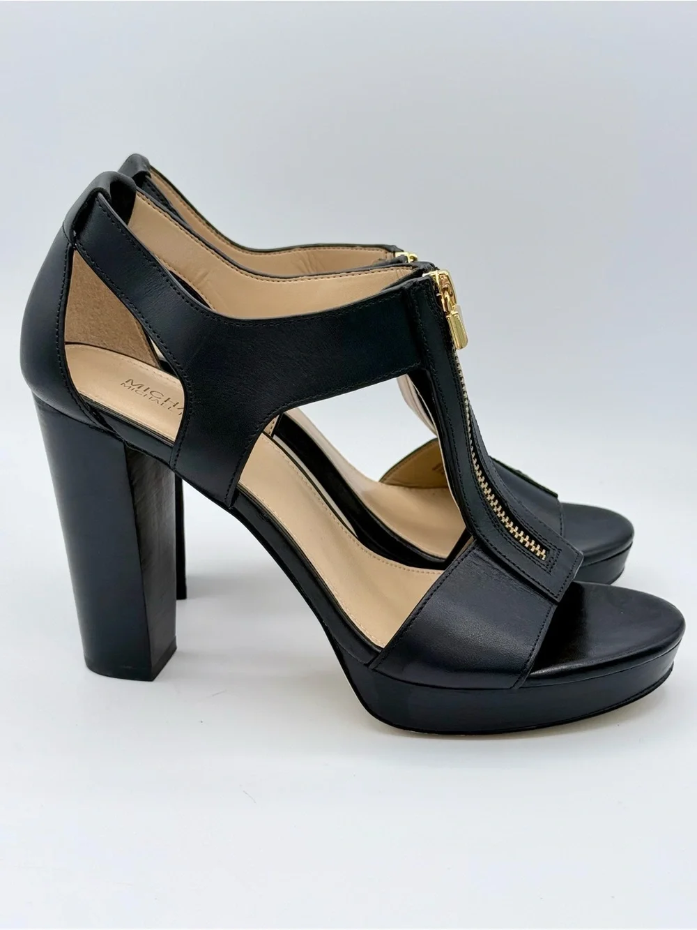 Michael Kors Berkley Black Leather Platform Sandals Zip Front 8M
